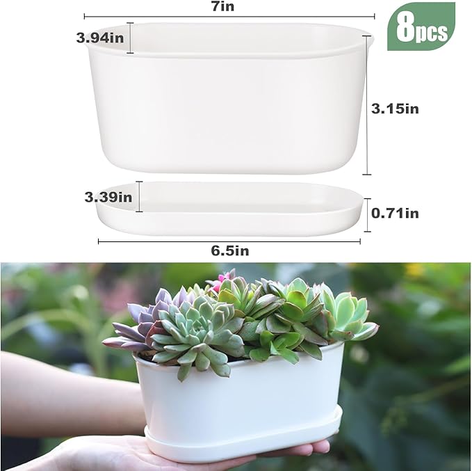 Oliz Set of 8 White Oval Window Sill Planters with Drainage Holes and Trays（7 Inch） for Herbs Basil Orchids Succulents, Modern Herb Garden Planter for Indoor/Outdoor Plants