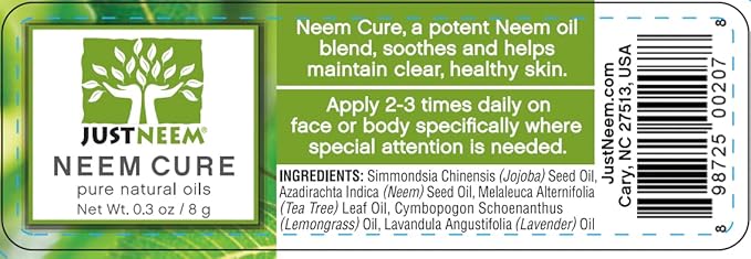 justneem Neem Cure Oil - Natural - Best on Acne, Psoriasis, Eczema, Rosacea, Cold Sores, Toe Nails, Bug and Spider Bites and Other Skin Irritations. with Dropper Cap Applicator. - 0.3 oz