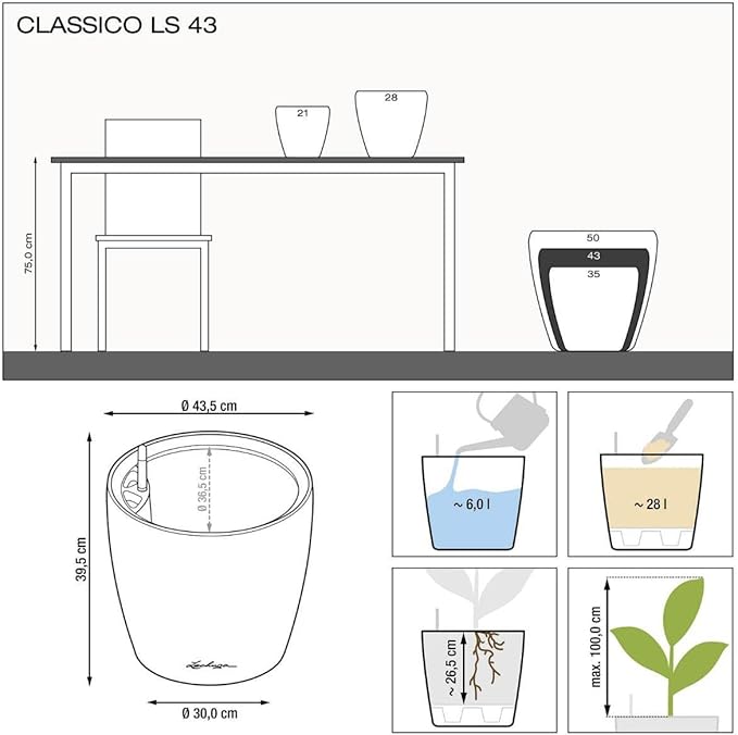 Lechuza Classico LS 43 Scarlet Red High Gloss, Self-Watering Round Planter, D16.9 H15.7 in