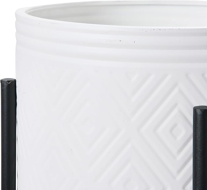 Main + Mesa Modern Boho Embossed Metal Planters with Stands, White and Black, Set of 2 Sizes