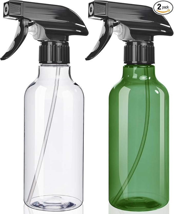 Spray Bottles 2-Pack, 10 Oz, Mist & Stream, Heavy Duty Spraying Empty Water Sprayer Bottle, BPA Free Plastic Refillable Containers for Cleaning Solutions, Plants, Hair, Essential Oils, Clear & Green