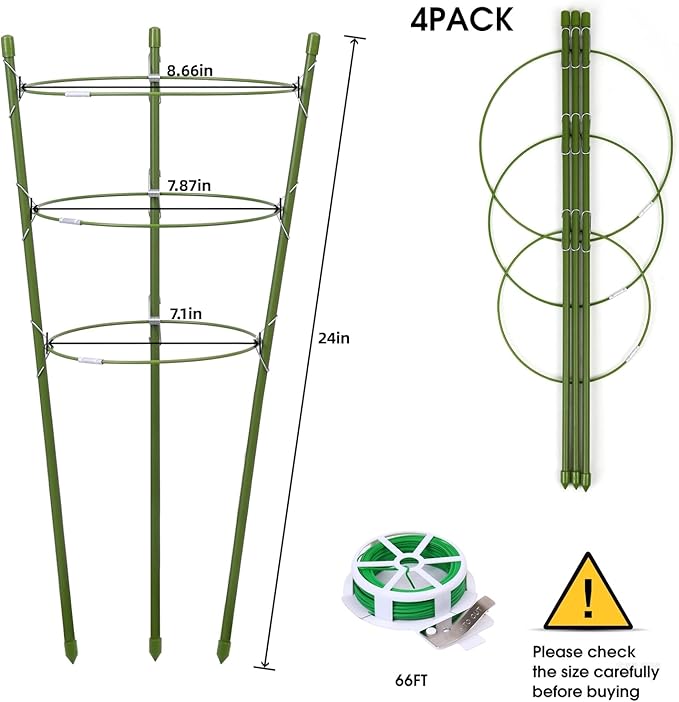 TOCCYARD 4 Pack Plant Support Tomato Cages for Garden, 24 Inches Tomato Cages and Supports with Adjustable Rings for Garden Pots, Plant Stakes Tomato Trellis Rings for Climbing Plants