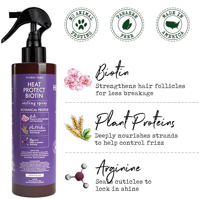 PHARM TO TABLE Heat Protect Biotin Spray - Vitamin B7 Formula Shields Hair up to 450F from Styling Tools, 240ml/8 fl oz