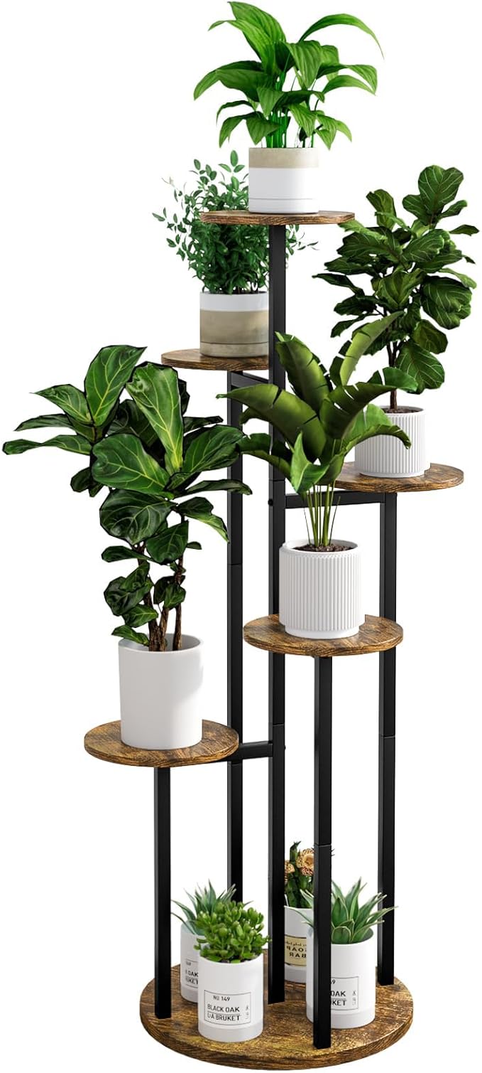 INGIORDAR Plant Stand Indoor Outdoor Corner Flower Stands Multiple Flower Pot Holder for Patio Garden Balcony Living Room 6 Tier Black+Rustic Brown