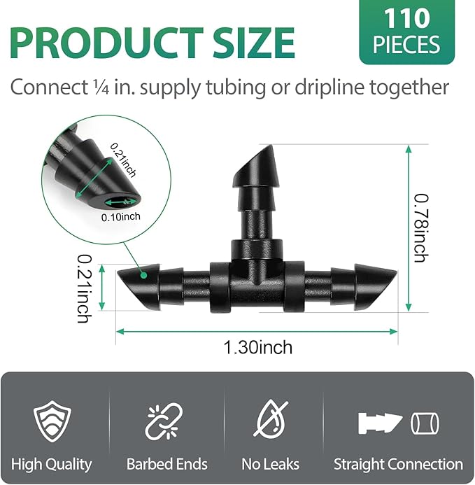 RedChili 110 Pack Drip Irrigation Universal 1/4" Barbed Tee Fitting, Drip System Parts Double Barbed T Connectors Fits 1/4-Inch Drip Tubing Irrigation for Drip Line Connection