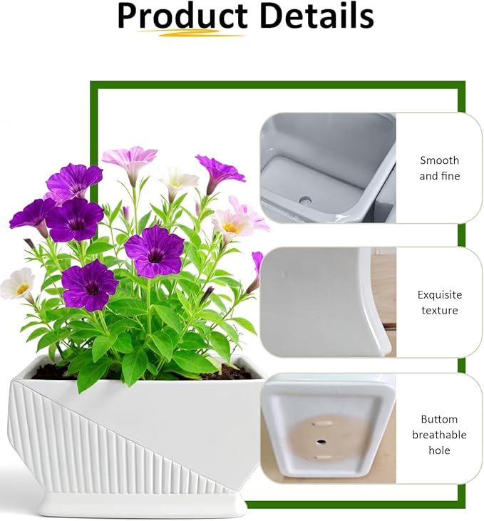 OXART Ceramic Plant pots Indoor Pots Set with Drainage Holes, 12+9 inch Flower Pot Rectangle Planters Pots for Plants for Plants Lilies, Cacti, Succulents, and Pothos, No Trays (White-1)