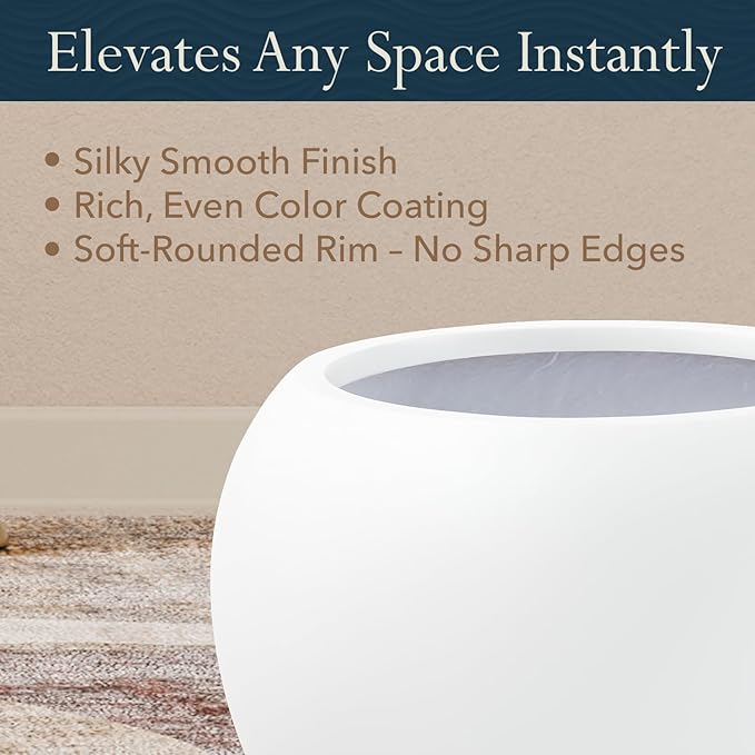 KUTE NEST 9.7" H x 12" D Premium Globo Fiberstone Round Planter with Drainage Hole, Smooth Finishes, Weather Resistant for Indoor and Outdoor Use, Included 2 Extra Coco Mats (White, 7.8" Pot Opening)