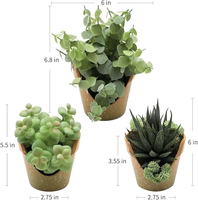 3 Pack Artificial Succulent Plants, Small Potted Fake Plants, Artificial Eucalyptus Leaf Aloe Vera Plants, for Home Decor, Farmhouse Bathroom Office Decor