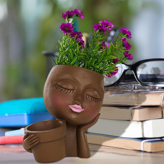 Lady Face Resin Planter Pot - Dual Planting Spaces & Drainage Holes, Indoor/Outdoor Decor for Succulents/Cactus - Unique Gift for Plant Lovers (Brown)