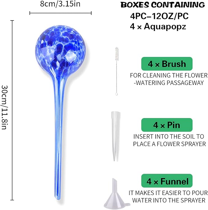 Plant Watering Globes Set of 4,Large Glass Self Watering Globes for Indoor & Outdoor Plants Vacation Plant Care Automatic Watering Bulbs Self Watering Planter Insert