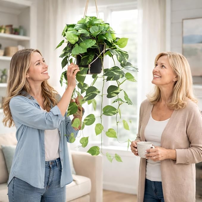 alyptus Fake Pothos Hanging Plants - Artificial Hanging Plant with Pot Realistic Faux Pothos Vines for Indoor Décor, Lush Greenery for Balcony Patio Office, Bathroom - Golden Green