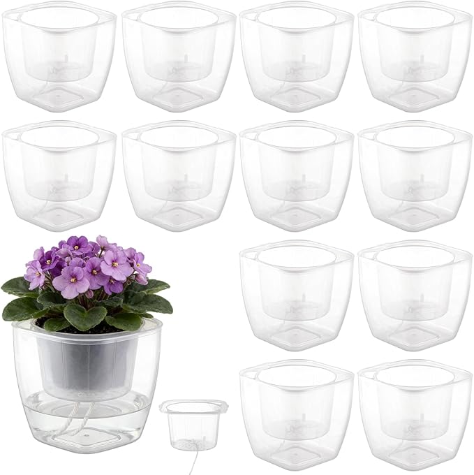 12-Pack Clear Self Watering Planters for Indoor Plants 7" Large African Violet Plant Pots Plastic Wick Flower Pots with Water Injection Hole, Orchid Plant Pot Set, Clear