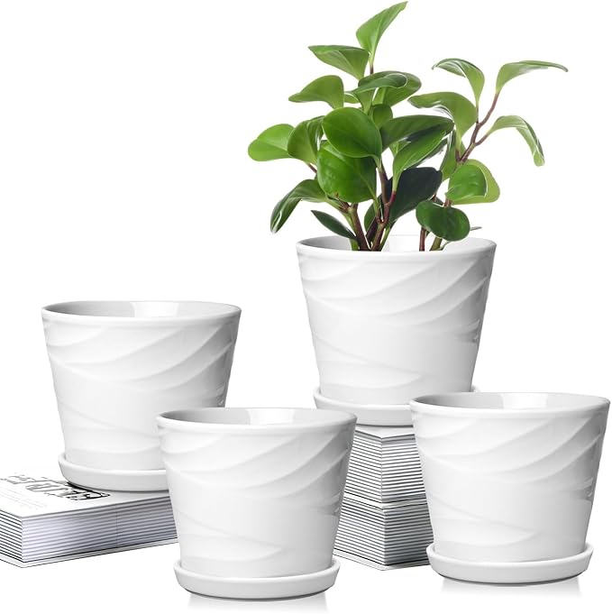 5 Inch Plant Pots,Ceramic Planter with Drainage and Saucer,Ceramic Pots for Plants,Planters for Indoor Plants,Ceramic Flower Pots(5.5 in Diameter,4 Pack)