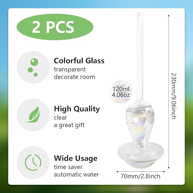 Plant Watering Globes, Iridescent Rainbow Glass Water Bulbs Self Watering Spikes Planter Insert Automatic Plant Watering Device for Indoor and Outdoor Plants(2Pcs, Mushroom Shaped)