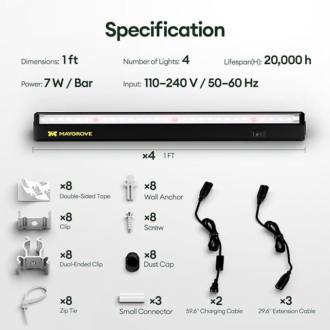 Maygrove T5 Grow Lights for Indoor Plants 1FT, Red-Enhanced Full Spectrum 5000K Grow Light, 28W(4 x 7W), Grow Light Strips for Seed Starting, Greenhouse, High PPFD, Linkable, Black, 4-Pack