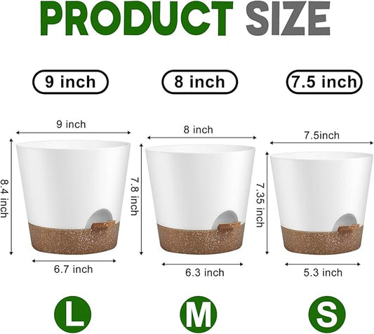 YNNICO Indoor Outdoor Plant Pots- Self Watering Planters with Drainage Holes and Saucers, 9,8, 7.5 Inches, 3 Pots (Snow)