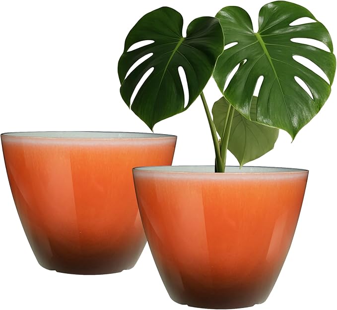 Vanslogreen 2 Pack Plastic Plant Pots with Drainage Holes, 8 inch Planter for Indoor Outdoor Plant, Garden Flower Pots for Aloe, Herbs, Cactus (Orange, 2pcs)