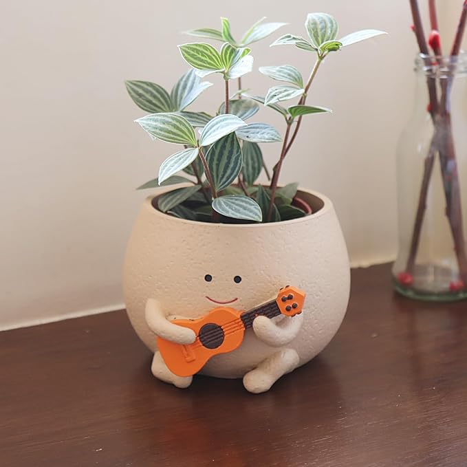 Planter Pot with Drainage Hole Cute Resin Head Planters for String of Pearls Plant Live Unique Guitar Succulent Pots for Indoor Outdoor Plants Gift IdeaI for Christmas (Small)