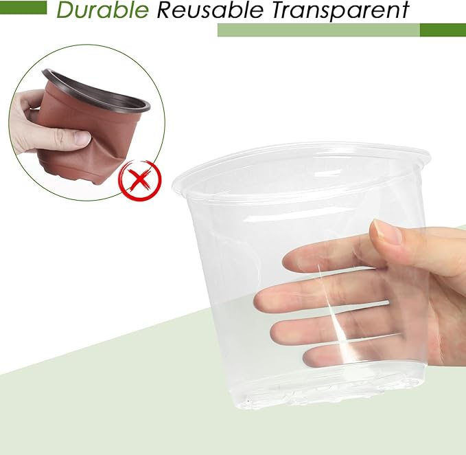 FUIJOL 5 Inch Clear Nursery Pots for Plants with Sacuers 15 Pack, Plastic Flower Pots with Drainage Holes, Variety Pack Seedlings Garden Pot for Indoor Outdoor (5 inch)