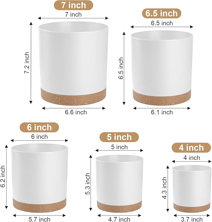YNNICO Plant Pots with Drainage Holes and Saucers – 7, 6.5, 6, 5, 4 Inch Plastic Planters for Indoor Outdoor Plants, Modern Matte Finish, Lightweight & Durable（White
