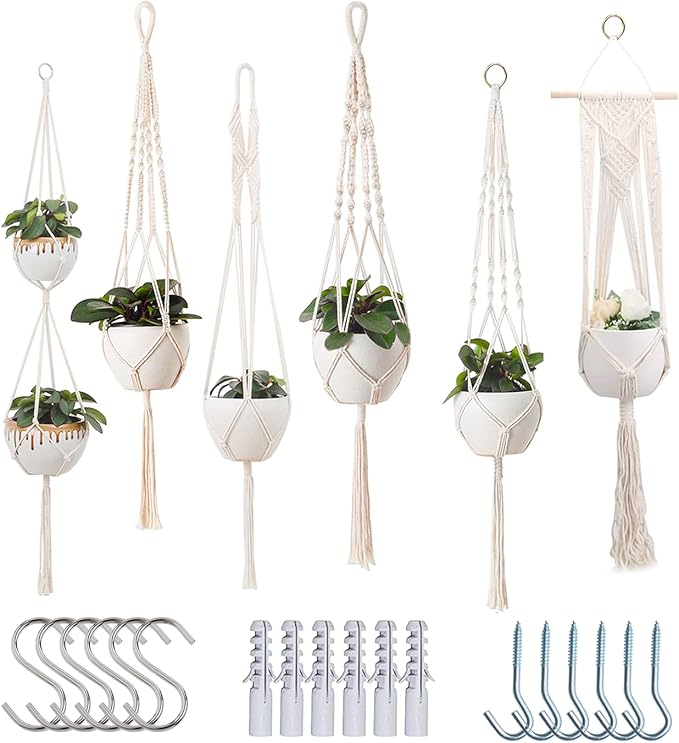 feedee Macrame Plant Hangers Indoor Macrame Hanging Planters for Indoor Plants, 6 Pack Hanging Plant Holders Indoor Hanging, Macromay Plant Hangers for Indoor Plant Hanger, Outdoor Flower Pots Holder