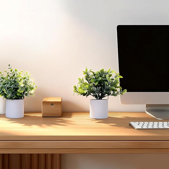 FGSAEOR Mini Potted Fake Plants, Small Artificial Greenery Plants Topiaries, Low Maintenance, Shelf Desk Room Table Office Home Decor (3-Pack) (White Pot - Grey)