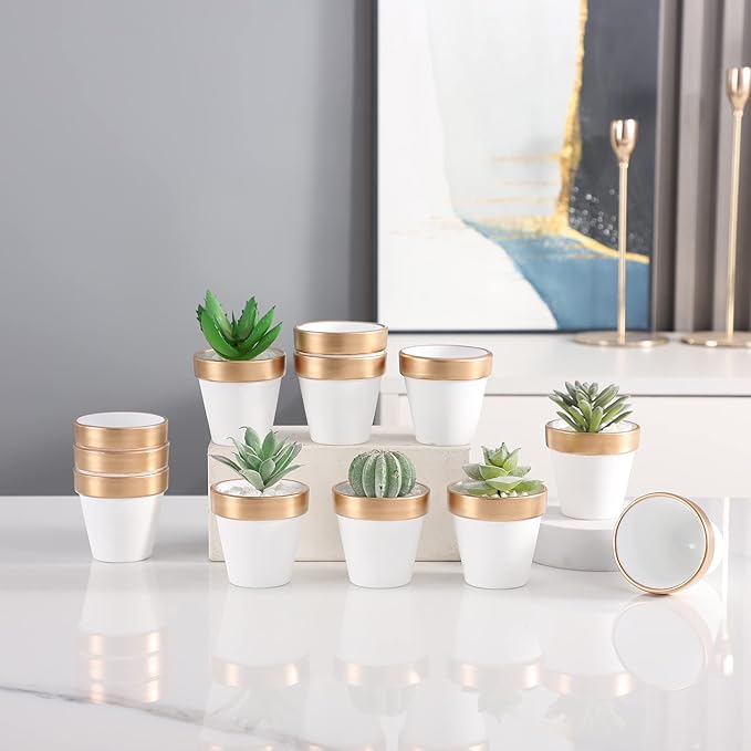Yishang 2.5 inch White&Gold Terracotta Pots with Drainage Holes,Small Mini Clay Ceramic Pottery Planter,Cactus Flower Terra Cotta Pots,Succulents Nursery Pots for Indoor/Outdoor Plants,Crafts-12 Pack