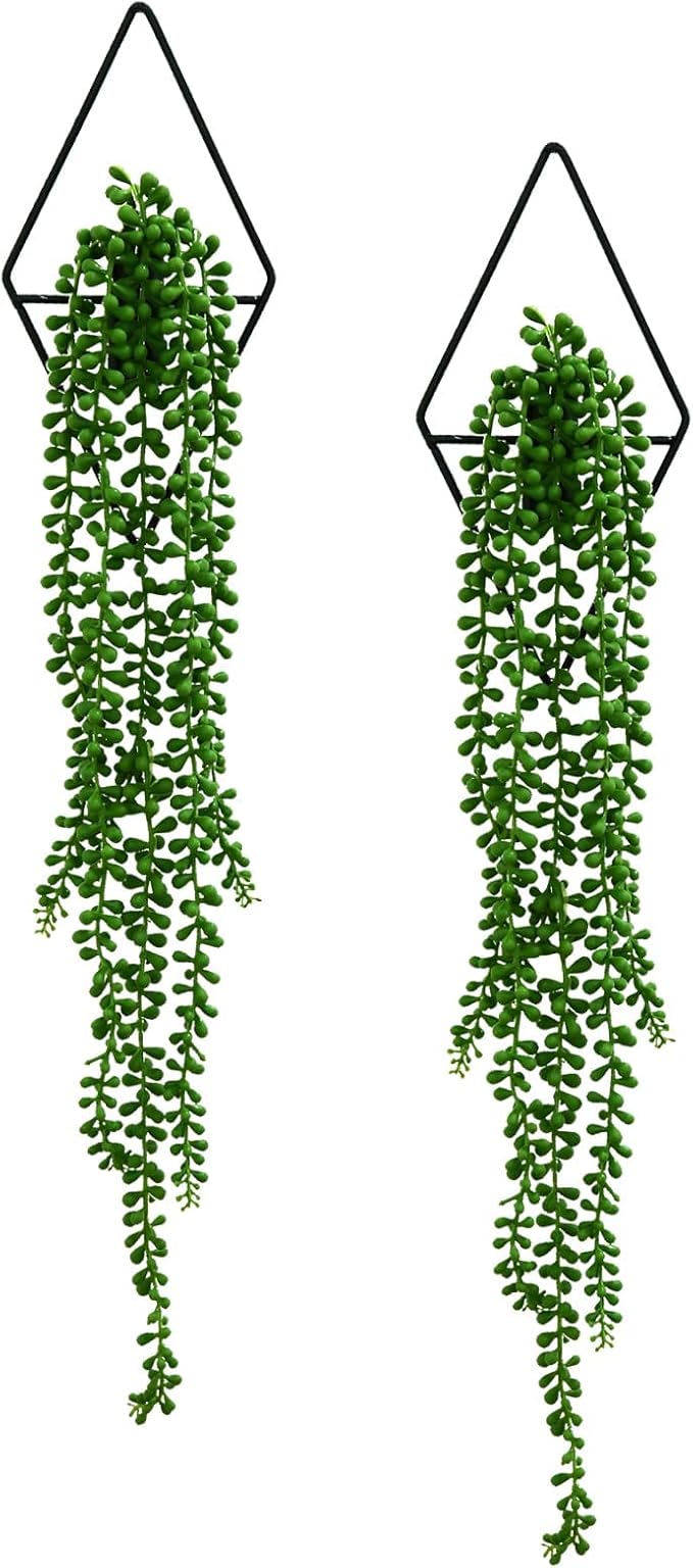 GREENTIME 2 Pack Artificial String of Pearls 22" Fake Hanging Plants with 9.8" Diamond Metal Wall Decor for Living Room Hangling Planter Indoor UV Resistant No Maintenance Boho Outdoor Bedroom