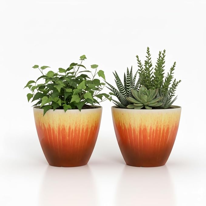 8 inch Plant Pots Pack of 2, Plastic Flower Pots Flower Pots, Modern Glossy Finishing Planter for Indoor Outdoor Plants (Orange Glaze)