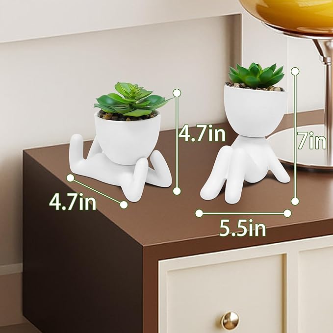 Zerzsy Set of 2 Small Fake Plants with Human-Shaped Pots, Fake Succulents Plant Artificial Office Desk Accessories Decorations Funny Room Decor Mini Plant Bathroom Decorations (Ceramic White)