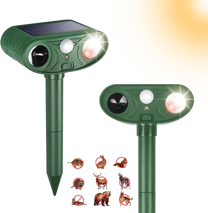 Solar Ultrasonic Animal Repellent Outdoor with Motion Sensor Strobe Light Deer Repellent Devices for Squirrel Rats Snakes Rabbit 25KHZ Silent Deterrent Dual Mode Yard Garden Lawn Pest Control 2PCS