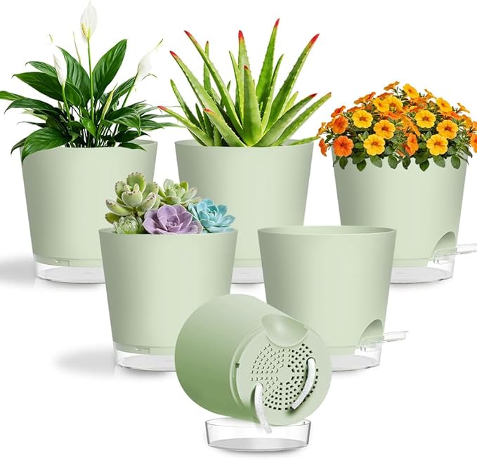 Self Watering Pots for Plants, 2026 New Flower Plant Pots with Drainage Holes, Wicking and Clear Reservoirs for Succulent, Aloe, Cacti and Others - 6 Pack (Green, 6")
