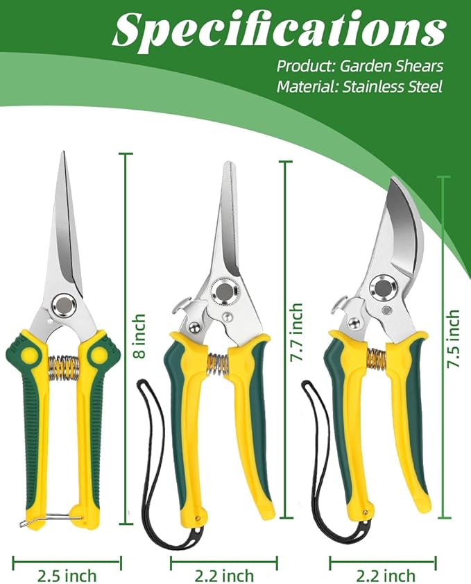 EWPJDK 3 Pack Garden Pruning Shears, Stainless Steel Shears, Gardening Shears, Scissors, Garden Clippers, Pruning Snips, Pruning Shears for Gardening Tools (Yellow+Green)