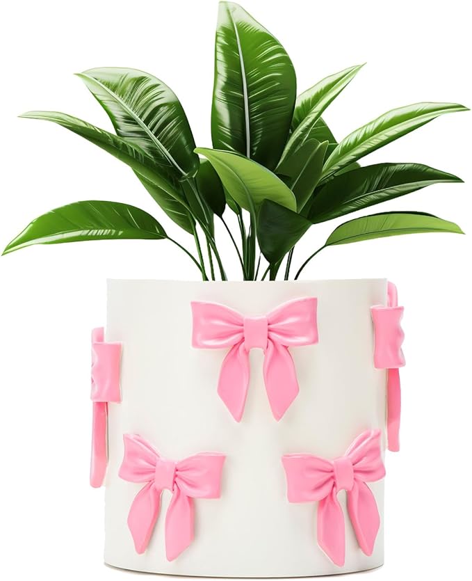 Stylor Pink Bow Planter - Coquette Bow Room Decor for Teen Girls, Decorative Cute Flower Pot with Drainage Hole, Resin Planters for Indoor Plants, Girly Gardening Pot for Home Aesthetic