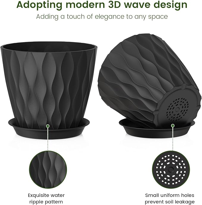 Meowell 7 inch Plant Pots for Indoor Outdoor Plants, 5 Pack Thick Flower Pots with Drainage Holes and Saucers, 3D Modern Wave Texture Plastic Planter Pots for House Plants, Black