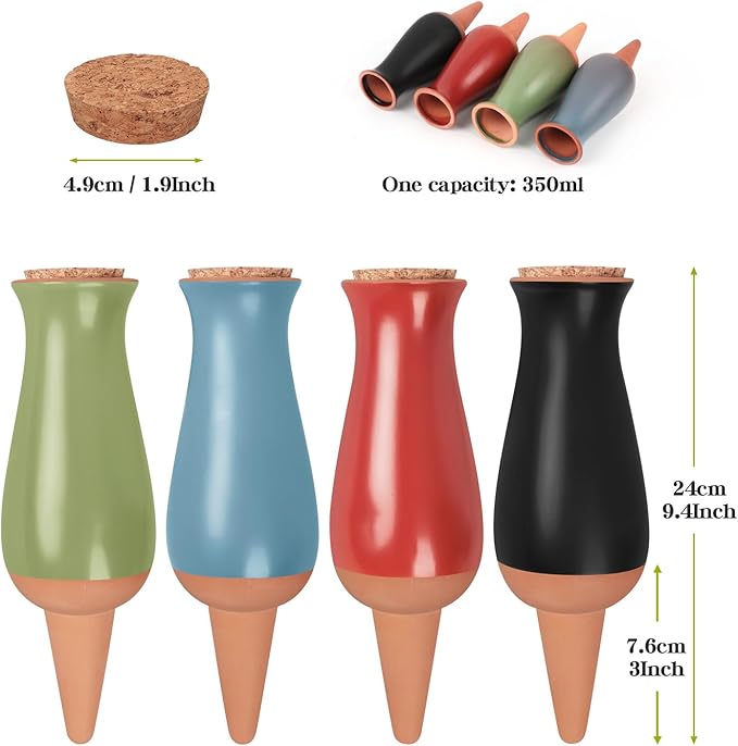 4 Packs Ollas Plant Watering Globes, 12 Oz Terracotta Self Watering Planter Insert, Automatic Watering Devices, Clay Drip Irrigation Stake for Indoor & Outdoor Plant, 1 Week Easy to Refill(Multicolor)