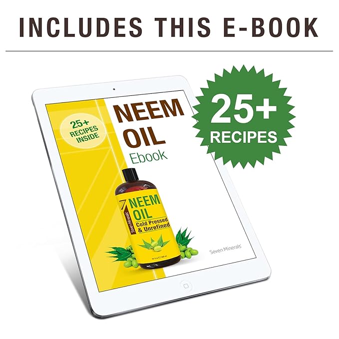 Seven Minerals Pure Cold Pressed Neem Oil - Big 32 fl oz Bottle - Non-GMO, Hexane Free, 100% Pure Neem Oil for Plants Spray, Skincare, & Haircare. Treats Dry Skin, Wrinkles, & Promotes Hair Growth