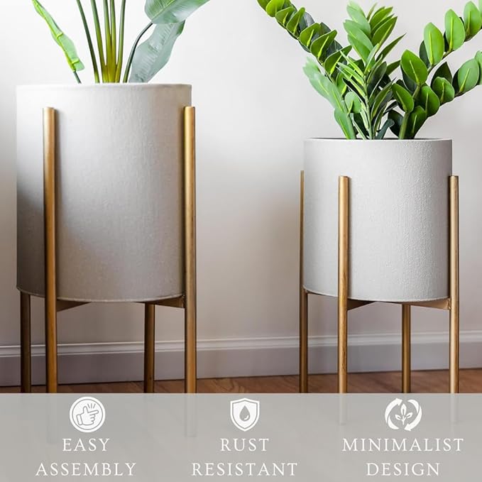 Aspire Mid-Century Modern Planter Set of 2, Gray Indoor Plant Pots with Golden Metal Stand, Home Decor Planters for Plants, Hallway, Bedroom, Living Room