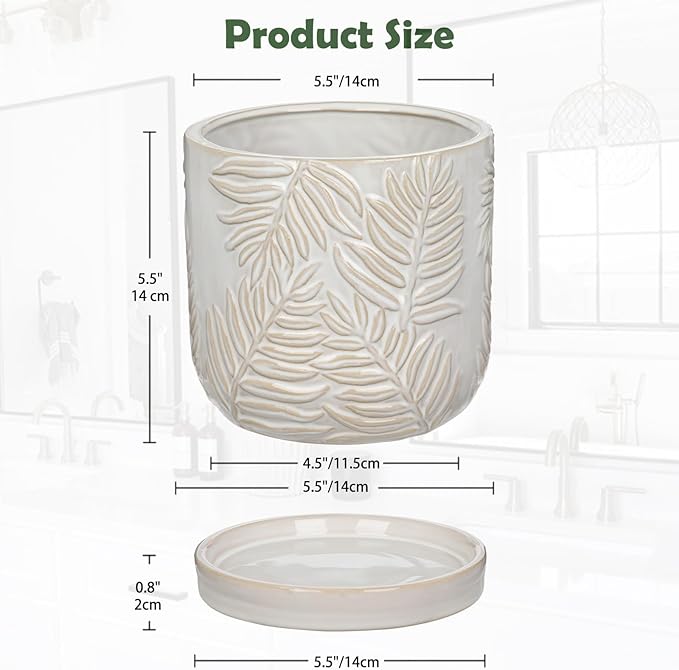 GnFlus 5.5 Inch Ceramic Planter Pots with Drainage Holes, Saucers for Indoor-Outdoor Plants, Succulent Orchid Flower Large Round Plant Pot Lvory White