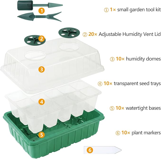 ondware 10-Pack Seed Starter Trays with Humidity Domes, 240 Cells, Seed Starter Kit for Indoor Greenhouse, Seedling Starter Tray for Seeds Growing Starting