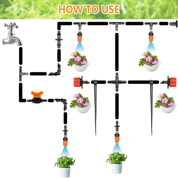Drip Irrigation Fittings Kit for 1/4" Tubing, 220 Pcs Drip Line Connectors for Drip Systems - Valves, Nozzles, Micro Drips, Single barbs, 4 Way Cross, Tees, Couplings, End Plugs, Elbows, Hose Stakes