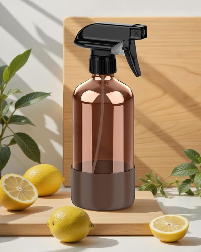 Bontip Amber Glass Spray Bottle with Silicone Sleeve Protection, 16 oz Refillable Spray Bottle for Cleaning Solutions, Plants, Aromatherapy, Facial Hydration (Brown Sleeve(Amber Bottle)