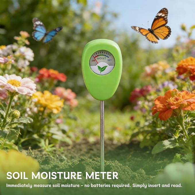Soil Moisture Meter with Bonus 25 pH Test Strips, 6.5 Inch Probe Plant Water Gauge, Indoor Outdoor Garden, No Battery Required