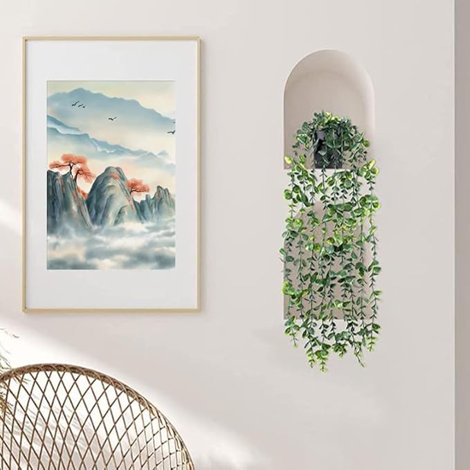 Artificial Hanging Plants, 2 Pack Fake With Pot, Eucalyptus, Indoor Faux Drooping, Potted for Office Desk Living Room Balcony
