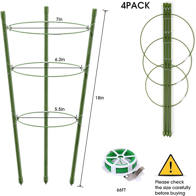TOCCYARD 4 Pack Plant Support Tomato Cages for Garden, 18 Inches Small Tomato Cages and Supports with Adjustable Rings for Garden Pots, Plant Stakes Tomato Trellis Rings for Climbing Plants
