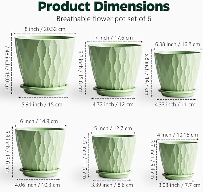 Plant Pots, Self Watering Planters with Drainage Holes and Trays, Flower Pots for Indoor Outdoor - 6 Pack(4/5/6/6.5/7/8 Inch) (Light Green)