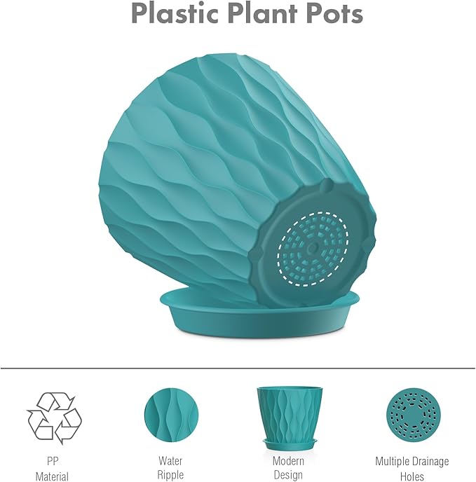 Meowell 4 inch Small Plastic Nursery Pots, 5 Pack Water Ripples Flower Pots for Indoor Plants, Plant Pots with Drainage Holes and Saucers, Seedling Starter Planters for House Plants, Blue Green
