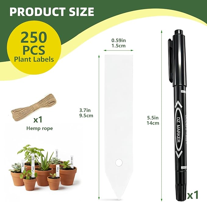 Plant Labels 250 PCS, Slim White Garden Plant Tags with Holes, PP Plastic Waterproof Labels with Permanent Marker, Jute Twine & Storage Box for Indoor & Outdoor Gardening (250PCS)