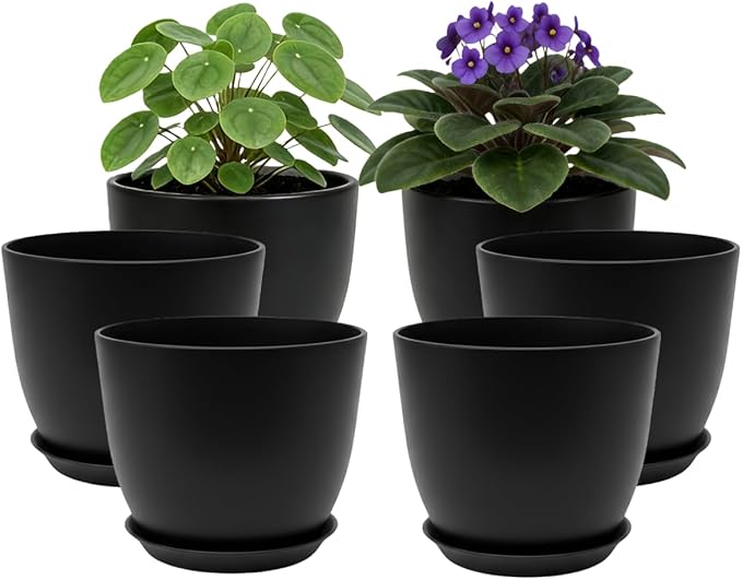 Vanslogreen Plant Pots 8 Inch Set of 6, Flower Pots with Drainage Holes and Saucer, Plastic Garden Planters for Indoor & Outdoor Plants (Black)