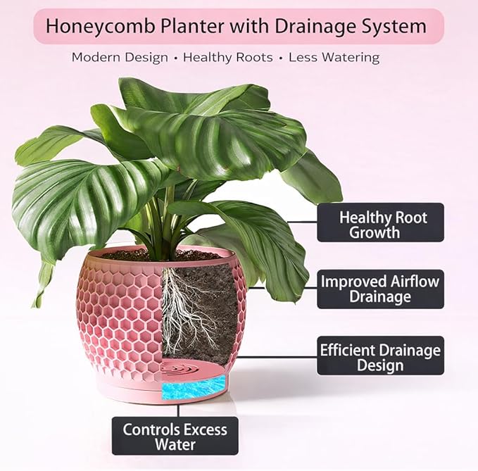 Plant Pots, Modern 3D Printed Honeycomb Planters for Indoor Plants, 4.7/6/8 Inch Cherry Pink Decorative Flower Pot for Office Desktop, Bookshelf & Home Decor, Lightweight & Durable.